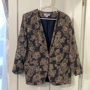 Alfred Dunner Vintage Oversized Blazer Navy and Tan Floral Ladies 14 Petite